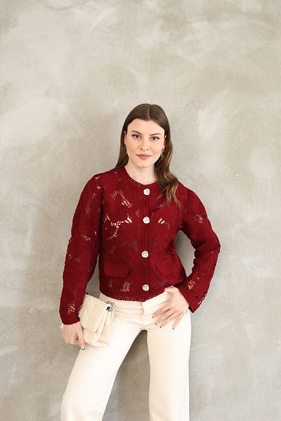 DM DİLAN MODA Women's Crochet Burgundy Crewneck Gold Buttoned Seasonal Cardigan
