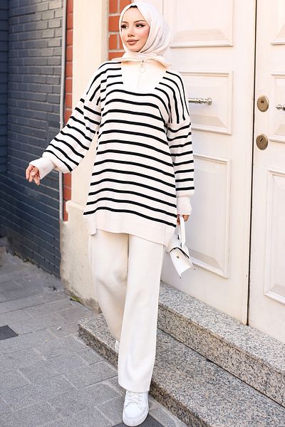 giyze Striped Knitwear Suit Stone Color 3110