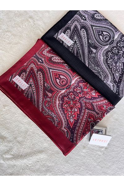 shalby Hijab Ethnic Patterned Cotton Shawl Set of 2 and Makeup Mirror Claret Red - Gray