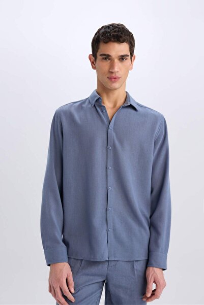 DeFacto Regular Fit Polo Yaka Keten Görünümlü Uzun Kollu Gömlek E1204AX25SM