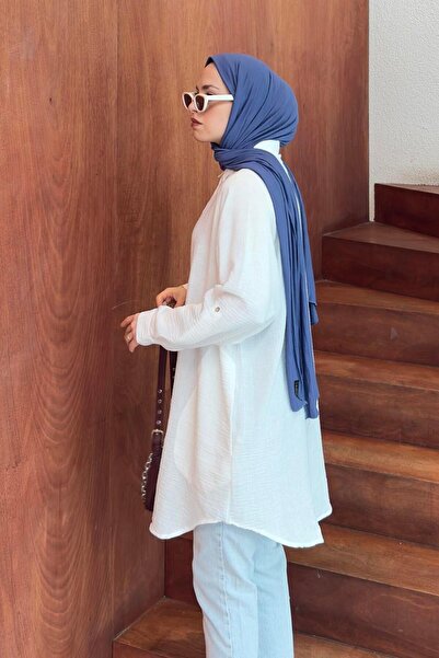 lamelif Λευκό λινό πουκάμισο Hijab