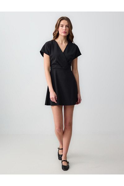 Jimmy Key Black Double Breasted Collar Short Sleeve Knitted Mini Dress