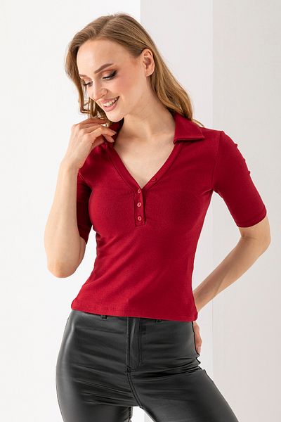 GİYSA Women's Polo Neck Short Sleeve Buttoned Body Claret Red - Ms 0000561