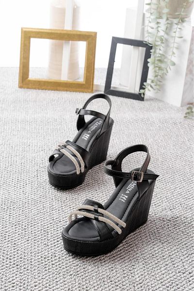 Weynes Sandale de damă negre cu toc cu pană de 10 cm, cu două dungi Wsb3022