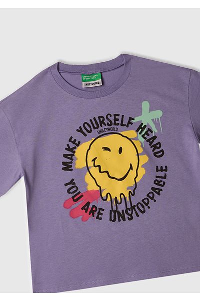 United Colors of Benetton Tricou mov pentru fete cu etichetă cu logo-ul Smiley World imprimat