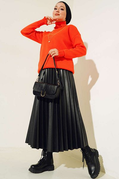 giyze Collar and Sleeve Ruffled Necklace Sweater Orange 5114