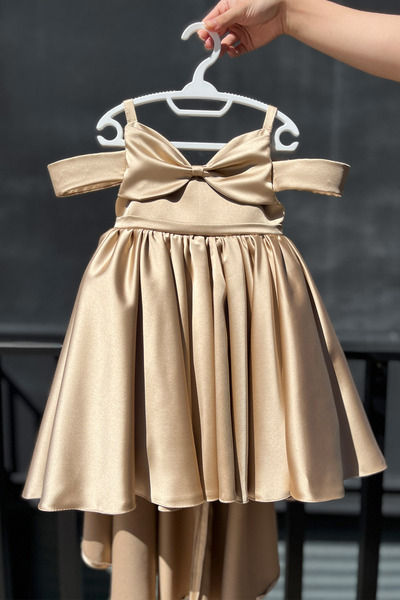 Bertuğ Bebek Camel Kahve Kız Çocuk Bebek Abiye Saten Kuyruklu Elbise