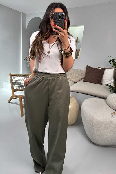 Sohotique By P Gabardine Fabric, Elastic Waist Palazzo Bunya Khaki