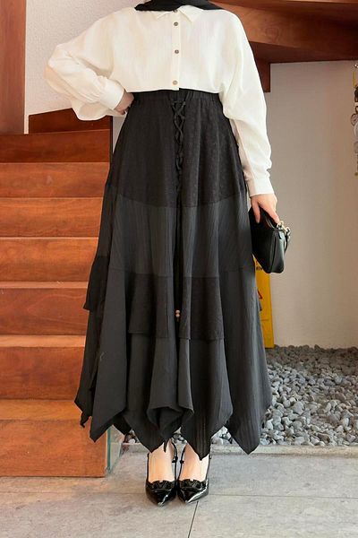 lamelif Embroidered Black Skirt - Piece Hijab