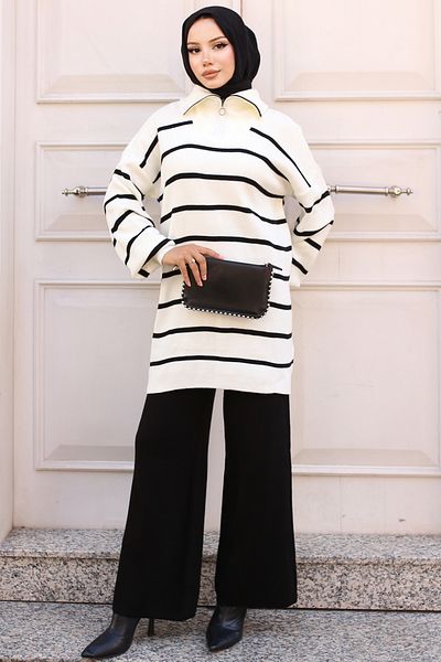 giyze Striped Knitwear Suit with Zipper Collar Black 11034-02