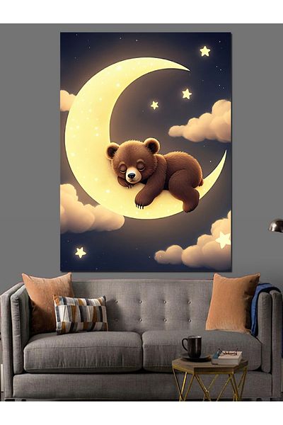 Tablomega Sleepy Teddy Bear on the Moon Decorative Canvas - Mdf Wood Table