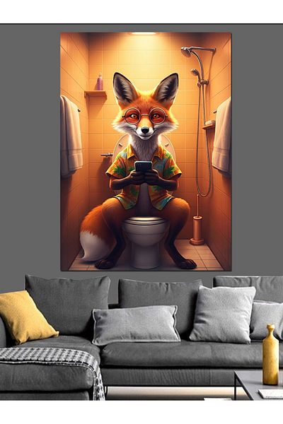 Tablomega Fox Reading Newspaper Decorative Canvas in Toilet - Mdf Wooden Painting