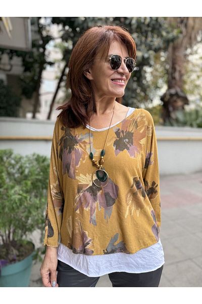 DenizEge Italian Floral Patterned Blouse Mustard