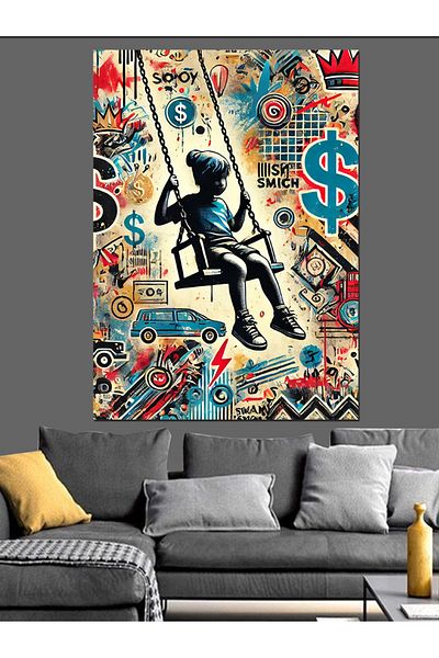 Tablomega Child Swinging on a Swing Decorative Canvas - Mdf Wood Table
