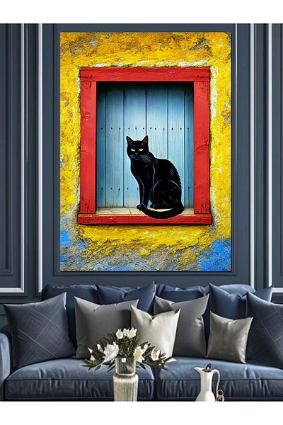 Tablomega Black Cat on the Window Decorative Canvas - Mdf Wooden Painting