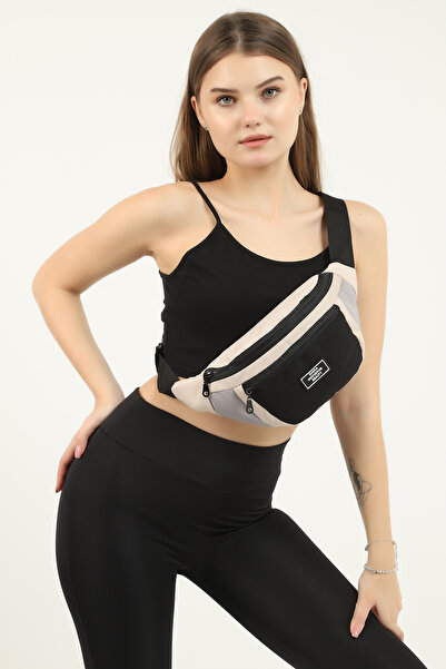 SHAKA Cream/Grey/Black U8 Canvas Fabric, Zippered, 2 Compartments, Adjustable Strap Unisex Waist and Shoulder Bag