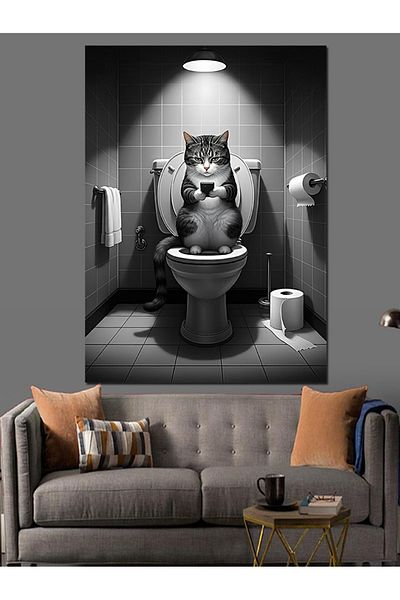 Tablomega Cat Reading in the Toilet Decorative Canvas - Mdf Wooden Painting