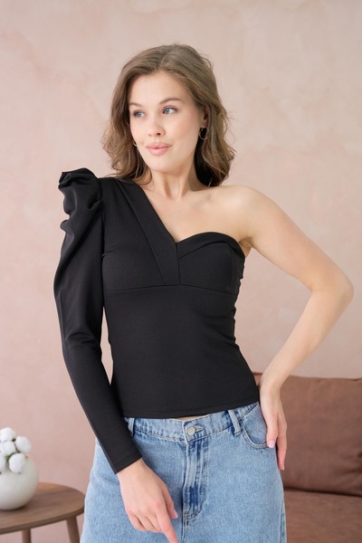 lovebox Padded Shoulder Flexible Fabric Single Sleeve Black Blouse 3617