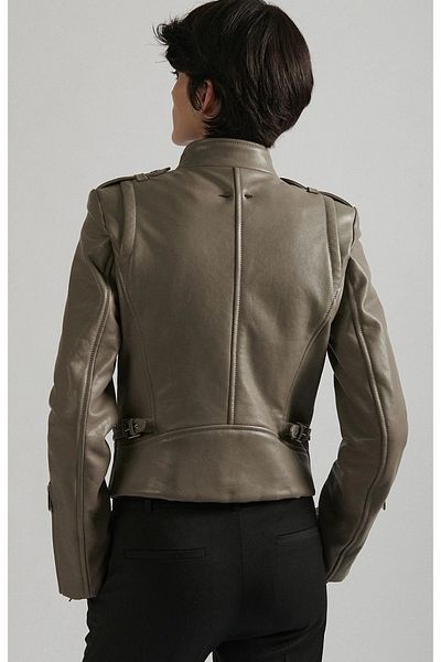 Barbara Bui Short Mink Leather Jacket with Stand Collar and Zipper Detail