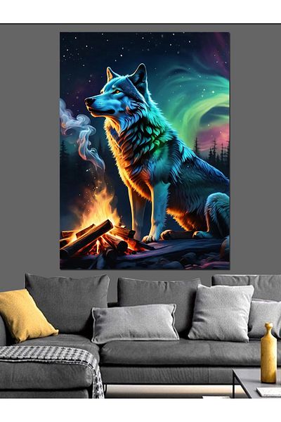 Tablomega Wolf under Fire and Northern Lights Decorative Canvas - Mdf Wooden Painting
