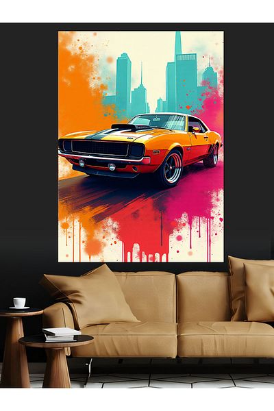 Tablomega Yellow Sports Car and City Decorative Canvas - Mdf Wooden Painting