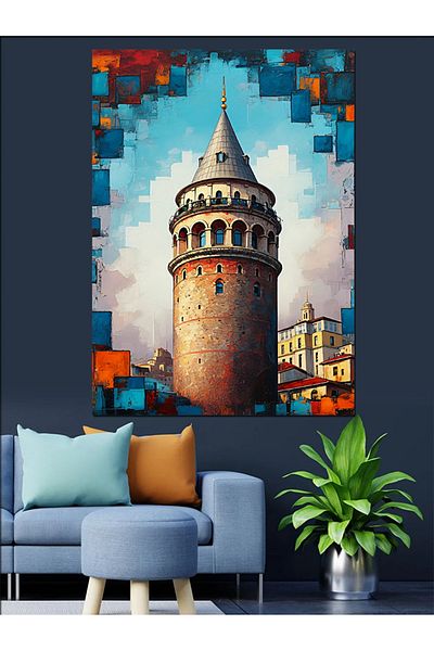 Tablomega Galata Tower and Geometry Decorative Canvas - Mdf Wooden Painting