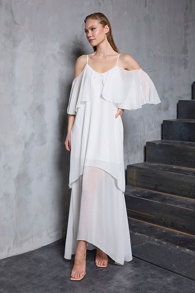 By Yaren Yazıcı Ecru Asymmetrical Flounce Detailed Wedding Outdoor Shooting Evening Dress Daily Use Special Design Chiffon Dress