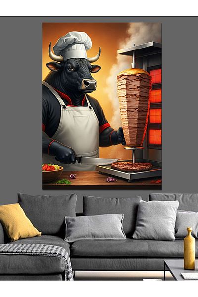 Tablomega Butcher Bull Decorative Canvas - Mdf Wooden Table