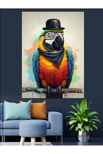 Tablomega Parrot in Hat Decorative Canvas - Mdf Wooden Painting