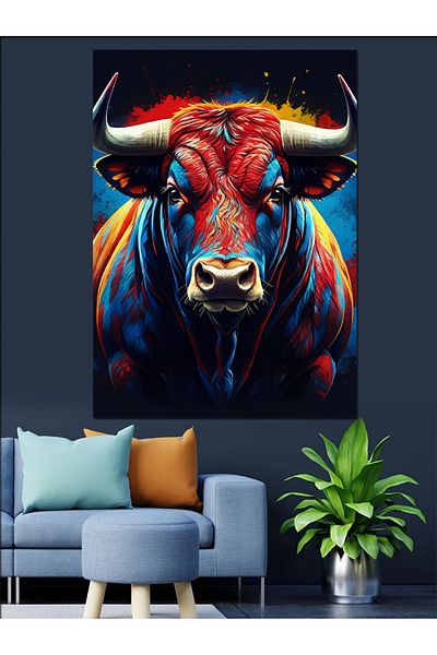 Tablomega Colorful Bull Portrait Decorative Canvas - Mdf Wood Table