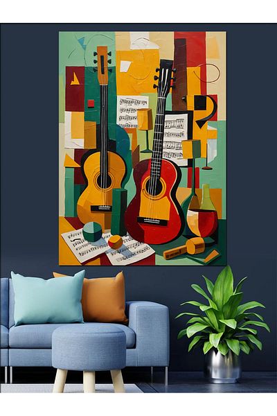 Tablomega Geometric Guitar Layout Decorative Canvas - Mdf Wooden Table