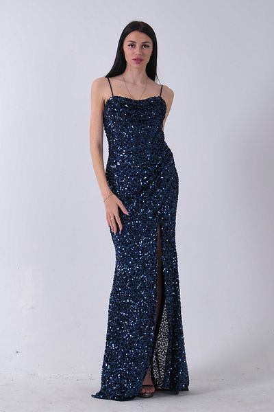 Feminist Draped Shiny Sequined Sequined Strap Evening Dress Navy Blue 9705539