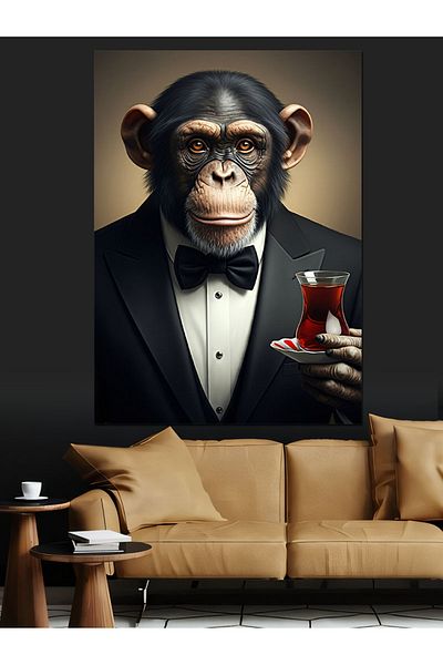 Tablomega Suited Chimpanzee and Tea Decorative Canvas - Mdf Wooden Painting