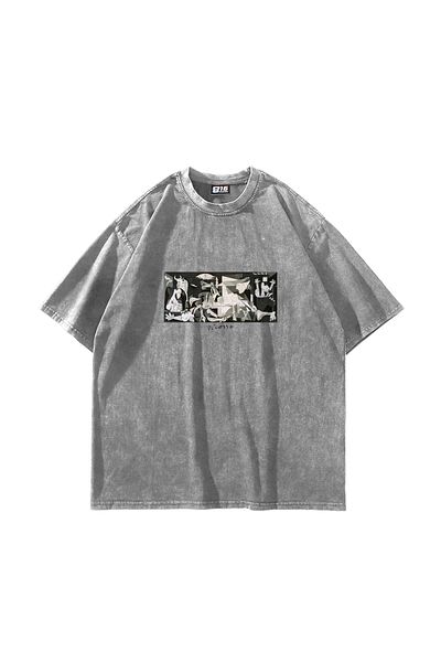 Sekizbiraltı Λευκό μπλουζάκι με στάμπα Picasso Guernica Oversize Unisex Washed