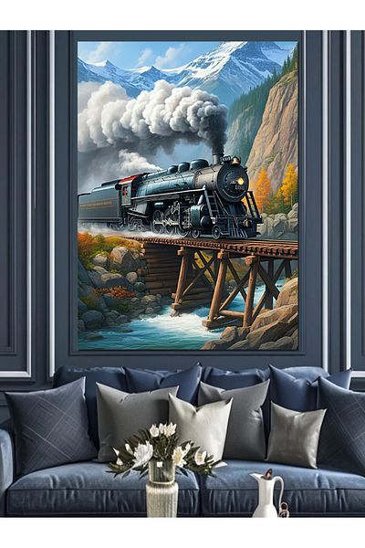 Tablomega Mountain Train and Landscape Decorative Canvas - Mdf Wooden Painting