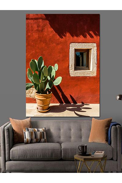 Tablomega Red Wall And Cactus Details Decorative Canvas - Mdf Wood Table