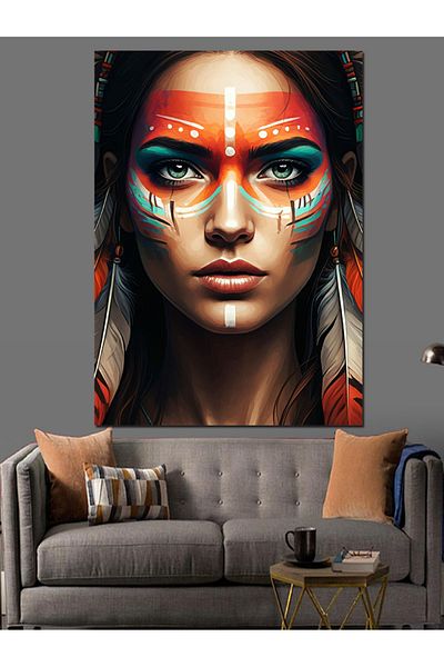 Tablomega Warrior Woman Decorative Canvas with Tribal Decoration - Mdf Wooden Painting