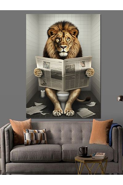 Tablomega Lion Reading Newspaper in the Toilet Decorative Canvas - Mdf Wooden Painting