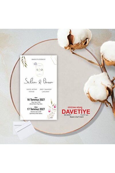 Hsn Nişan Düğün Davetiyesi Baskı ve Zarf Dahil 50 Adet