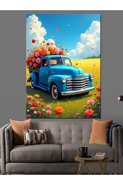 Tablomega Camion Pickup Albastru Floral Pânză Decorativă - Lemn MDF Pictat