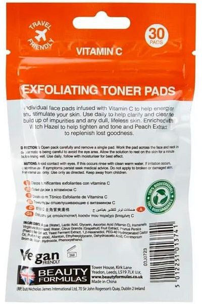 BEAUTY FORMULAS Peach Extract + Vitamin C Exfoliating Toner Pads | 30 Pads | Energizing & Stimulatin