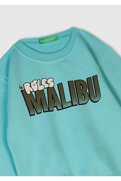 United Colors of Benetton Суитшърт с кръгло деколте и щампа отпред, за момче, аква зелен