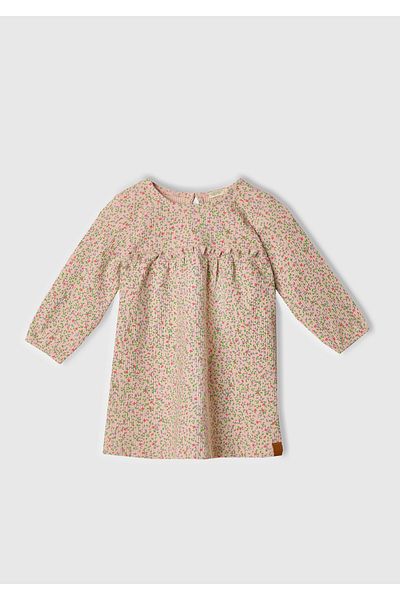 United Colors of Benetton Baby Powder Pink All over Patterned Front Ruffle Detail Pleated Long Sleeve Dress