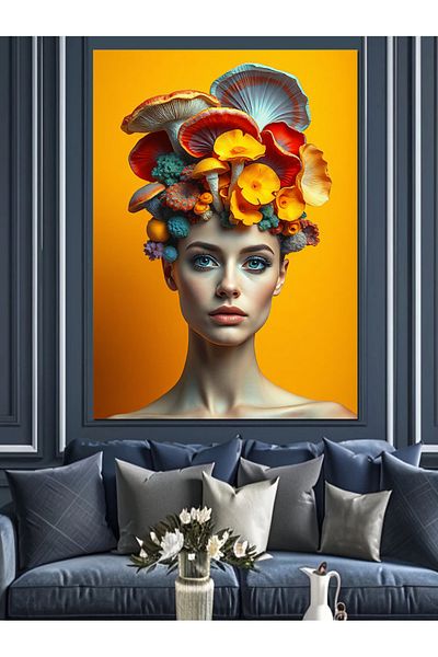 Tablomega Woman Decorative Canvas with Natural Flower Crown - Mdf Wooden Painting