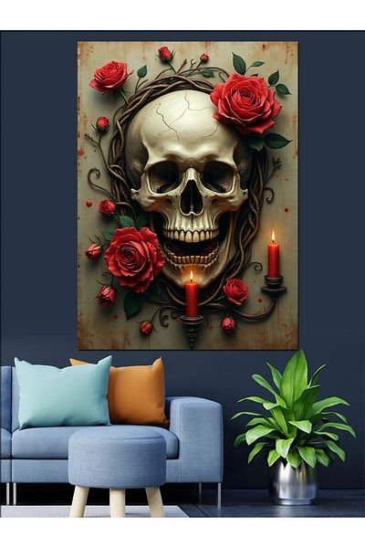Tablomega Skull and Red Roses Composition Decorative Canvas - Mdf Wooden Painting