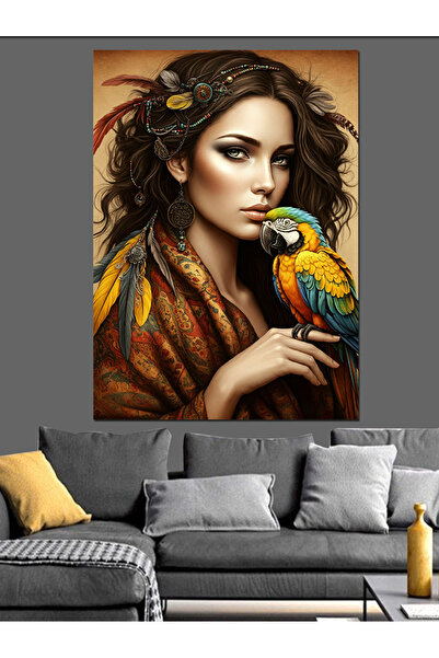 ekart Woman with Parrot Portrait Decorative Canvas - Mdf Wooden Painting