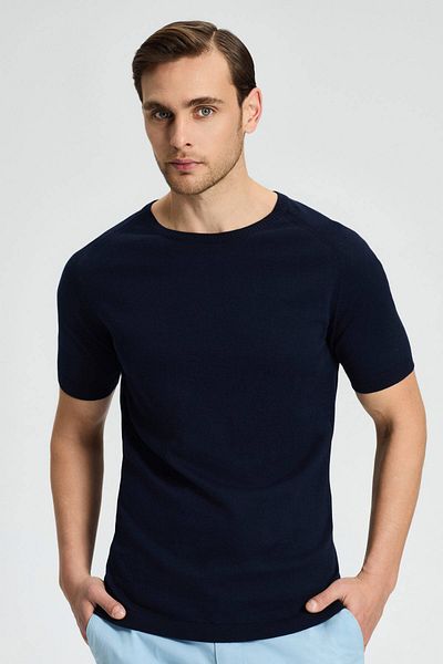 Hemington Crew Neck Navy Blue Giza Cotton Knitwear T-Shirt