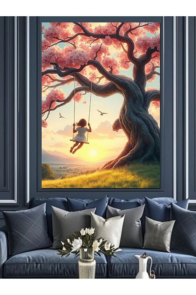 Tablomega Pink Flowering Tree and Swing Decorative Canvas - Mdf Wooden Painting