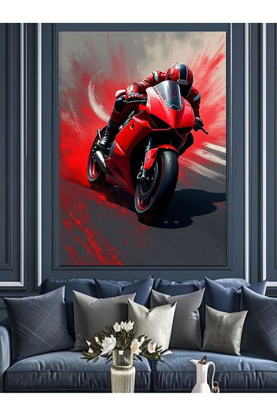 Tablomega Red Motorcycle Speed Decorative Canvas - Mdf Wooden Painting