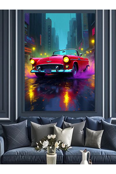 Tablomega Red Classic Car Decorative Canvas in the Shining City - Mdf Wooden Painting